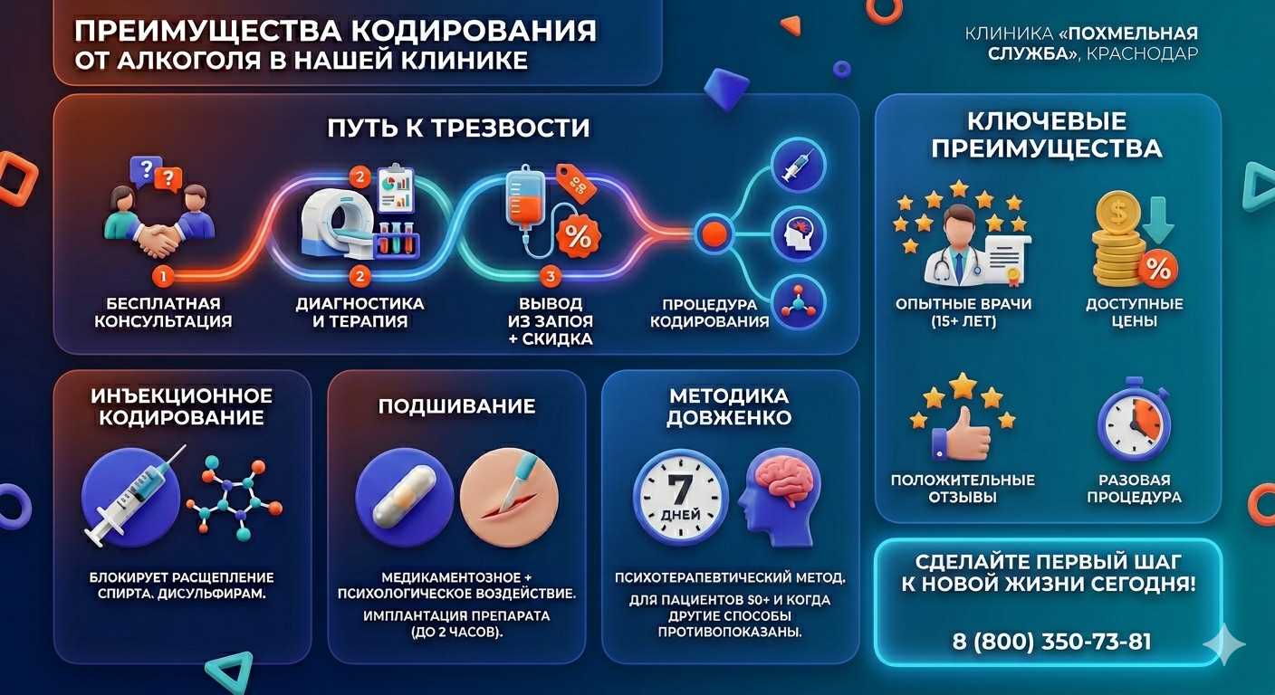 Инфографика о методах кодирования от алкоголя в Клетне: инъекции, подшивание, метод Довженко. Преимущества клиники и этапы лечения.